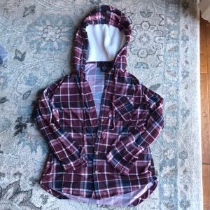 Plaid jacket with fuzzy hood